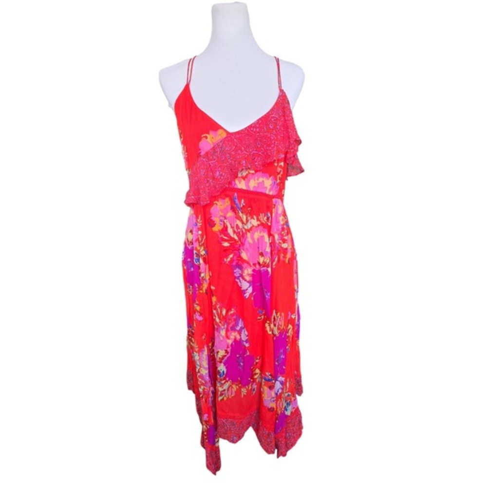 Maeve Anthropologie Floral Handkerchief Hem Midi Dress Red Pink Lace Trim Boho